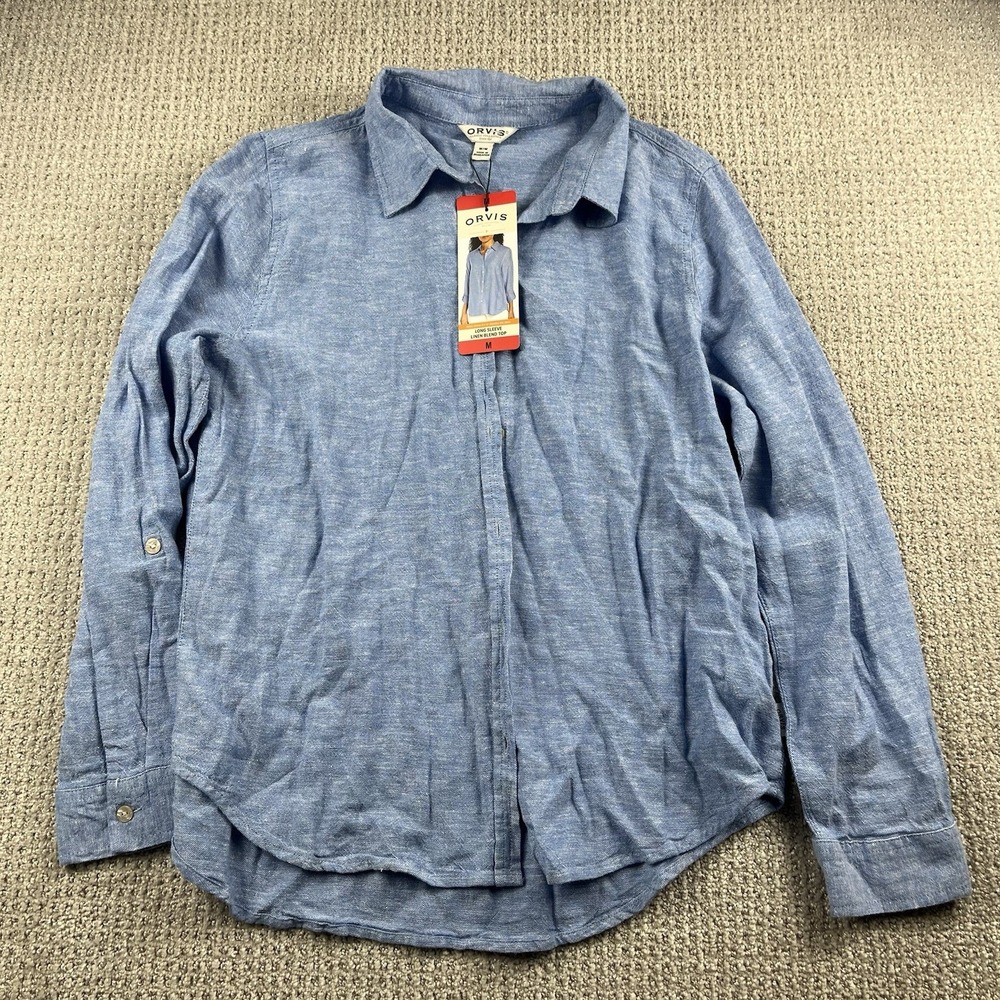 Orvis Women's Long Sleeve Linen Blend Top Light Blue Roll Sleeve Size Medium NWT